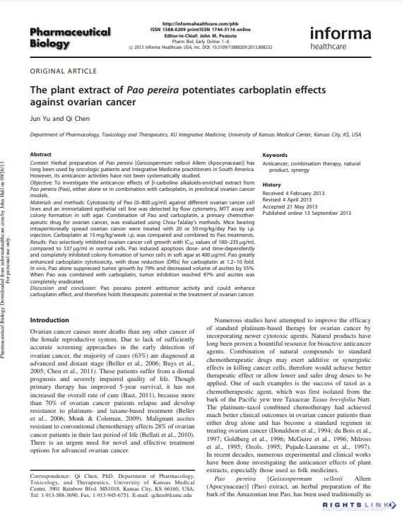 Pao Pereira potentialise les effets du carboplatine contre le cancer de l'ovaire